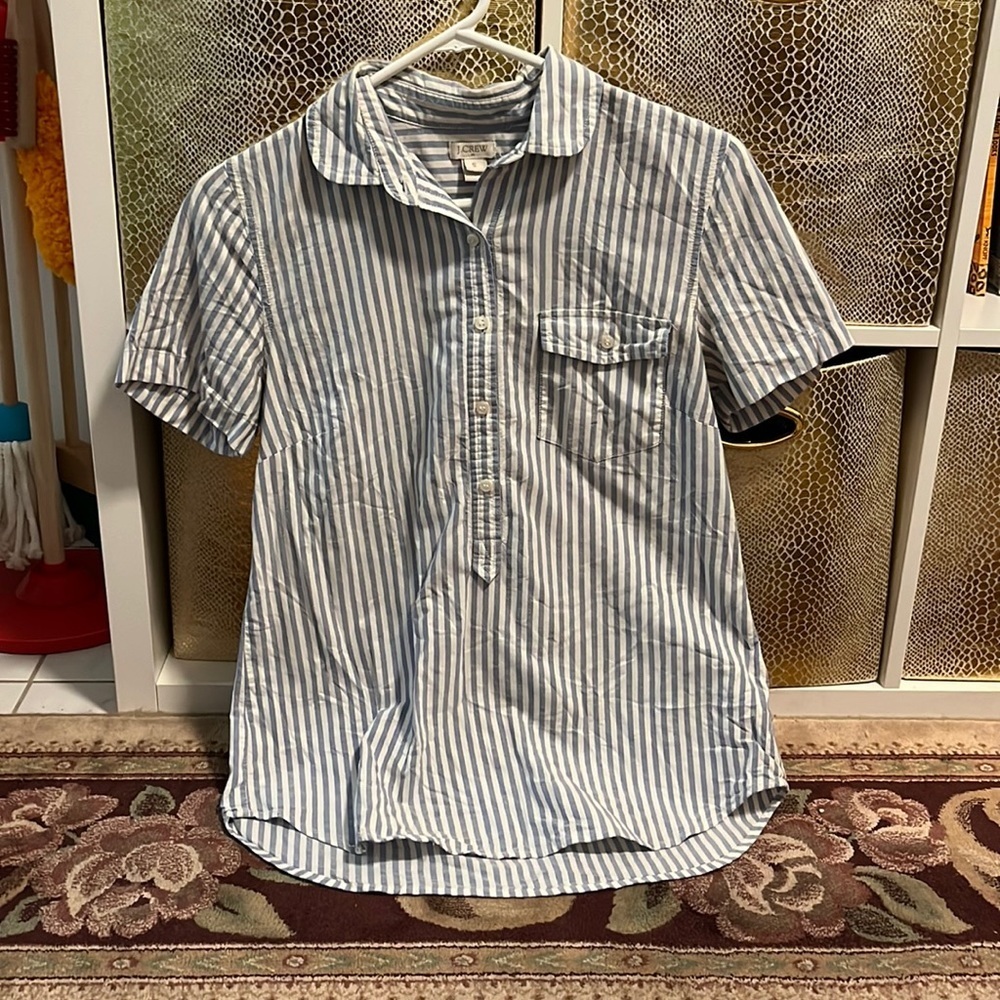 J. Crew blue and white vertical striped popover shirt